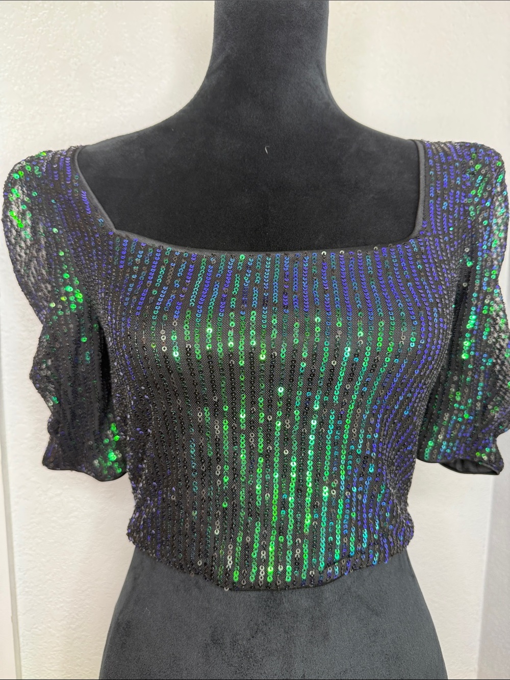 Cider Green Blue Iridescent Sequin Crop Top Puff Sleeve Party Clubwear Y2K Med